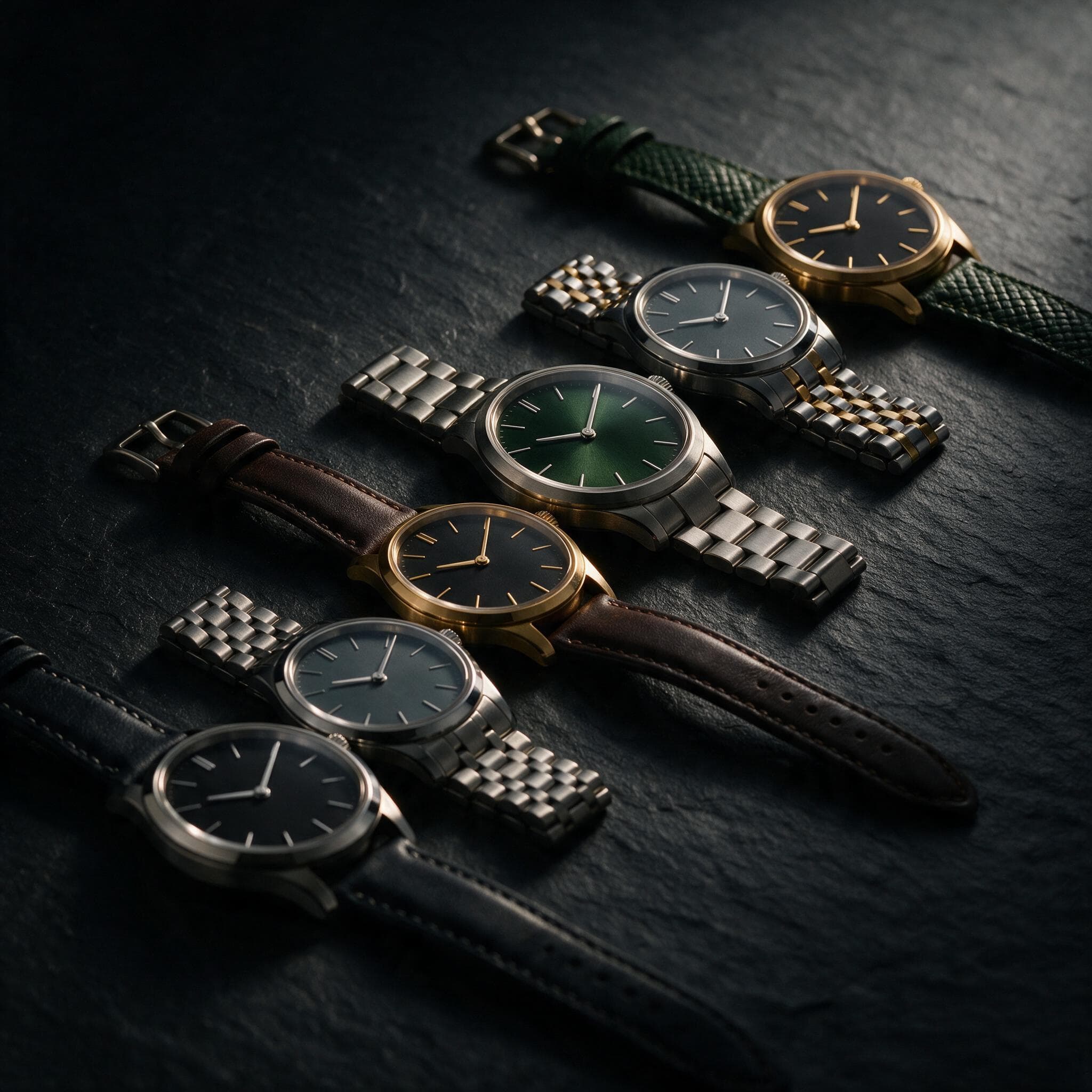 Six watches arranged in a curving arc on dark slate: steel, gold, and green sunburst dials among leather and bracelet straps